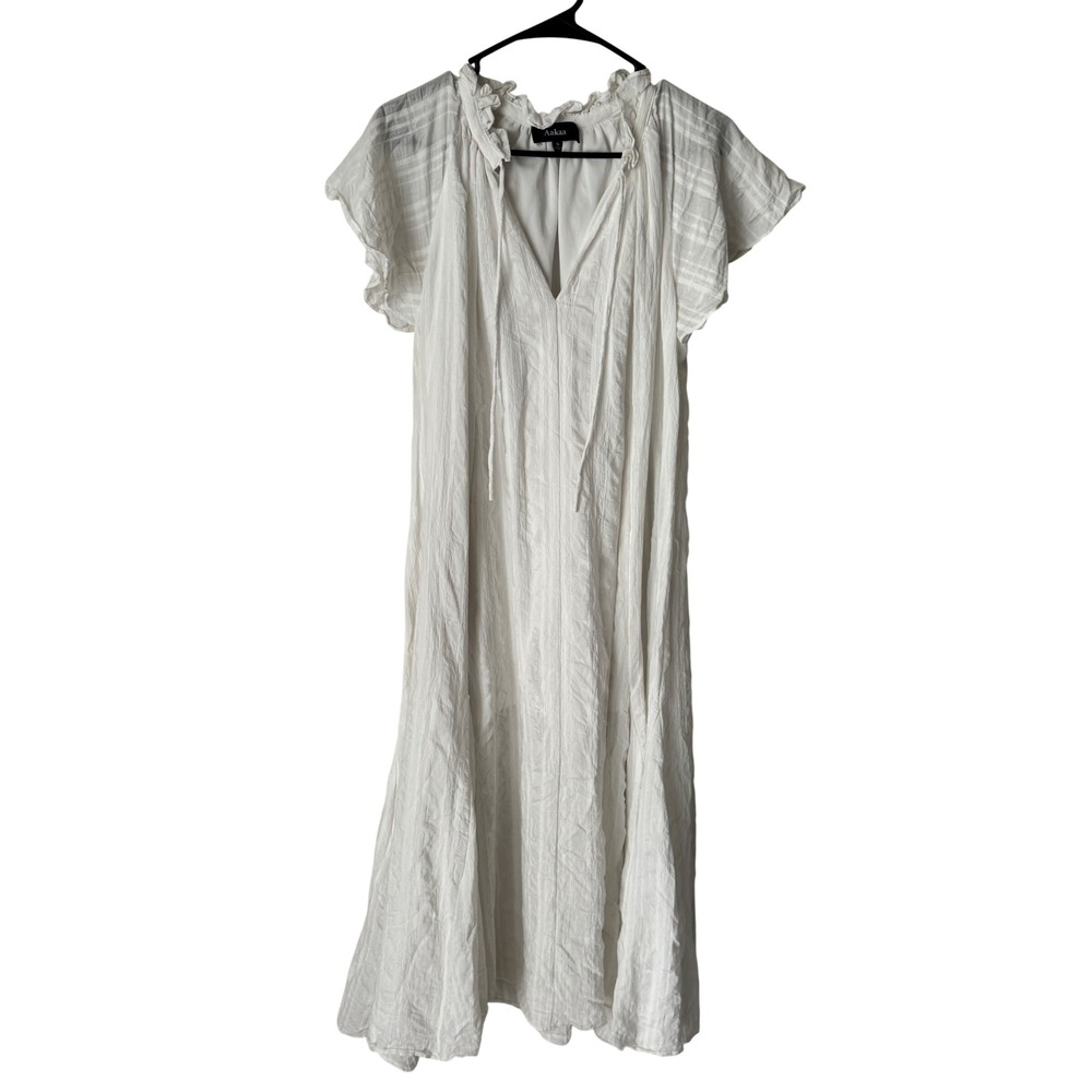 Aakaa White Cotton Gauze Midi Dress Short Flutter Sleeve Ruffle V-Neck Small